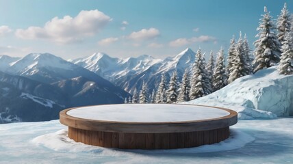 3d render platform and ice podium background on ice snow mountain with snow covered floor for product stand display advertising cosmetic beauty products or skincare with empty round stage