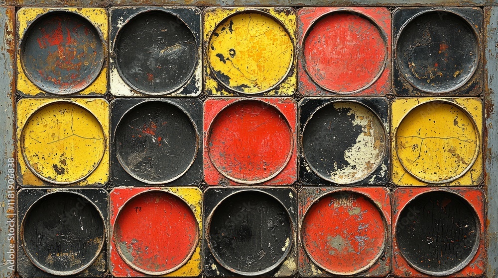 Poster abstract grunge background with red, yellow, and black circular elements in a grid pattern on a rust