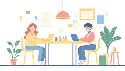 young happy couple working together at home office, using laptop for remote freelance job