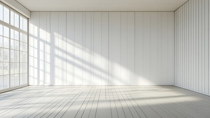 Obraz premium Bright sunlight streaming through large windows in minimalist interior design