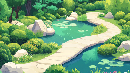 Peaceful nature landscapes icons with green walking alleys, decorative trees and bushes, beautiful lake and grass lawns of city public parks, gardens or forests