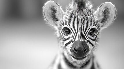 Adorable monochrome close-up of a baby zebra foal.