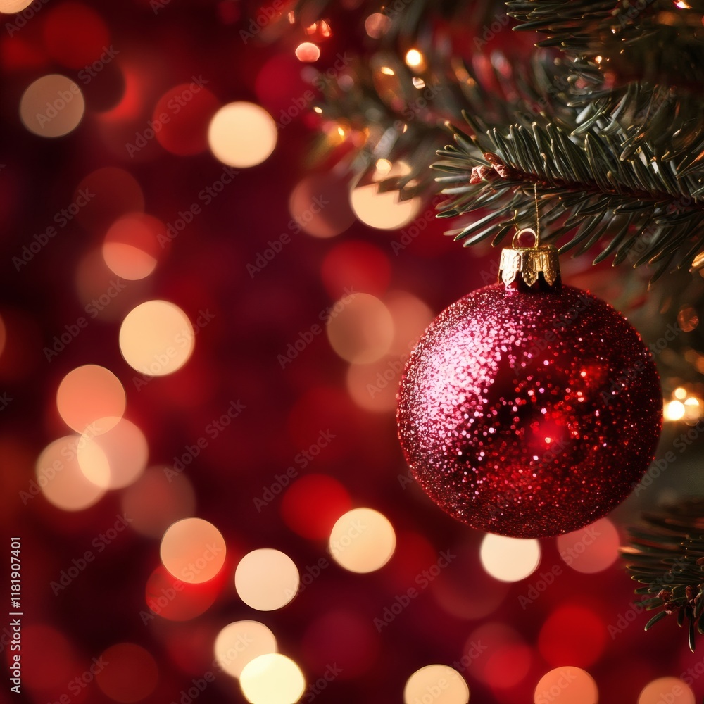 Poster red background with sparkling bokeh lights creates a magical holiday glow