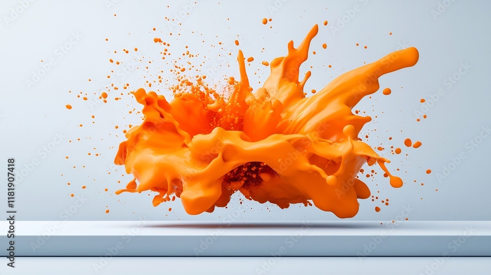 Poster dramatic burst of vibrant orange liquid erupting against a crisp minimalist white surface forming an