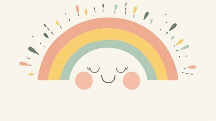 Cute pastel rainbow with happy face illustration.