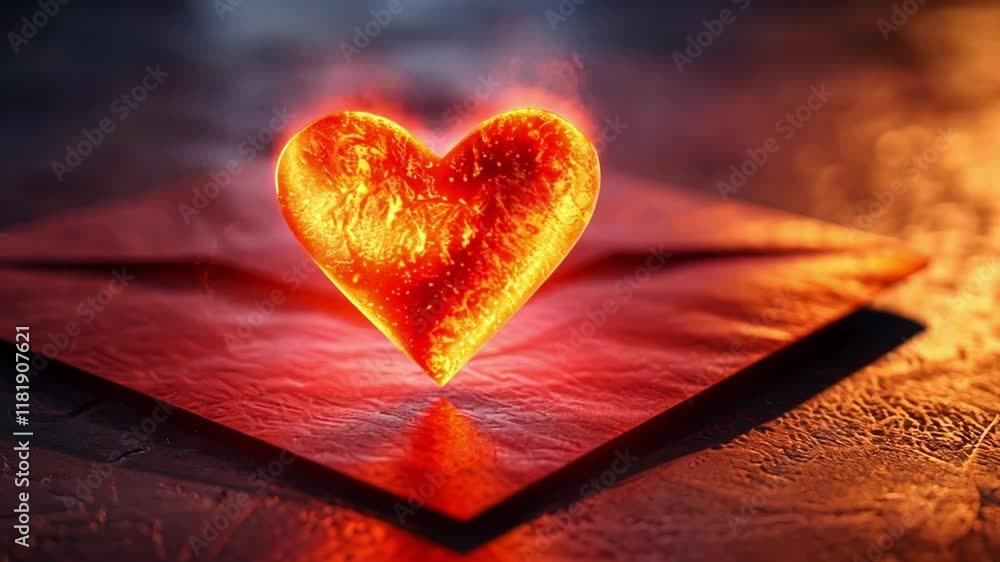 Fototapete A radiant heart crafted from glowing elements rises from an open envelope, surrounded by a textured surface that enhances the warm ambiance. The striking colors create a captivating visual experience.