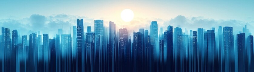 A panoramic view of a modern city skyline at sunrise, featuring tall buildings silhouetted against a vibrant blue sky.