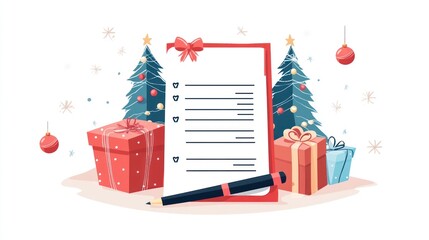 Christmas checklist with gifts and trees.