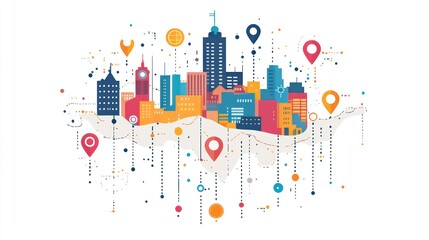 Colorful cityscape illustration with location markers.