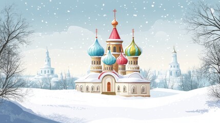 Fototapeta premium Majestic Russian Orthodox Church with Colorful Onion Domes in Snowy Landscape