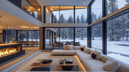 Cozy winter living room with scenic views mountain retreat interior design