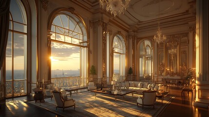 Fototapeta premium Elegant living room at sunset luxury apartment interior design city view