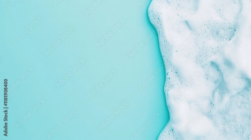Poster soap foam bubbles covering half of a vibrant turquoise background, creating an ideal space for copy 