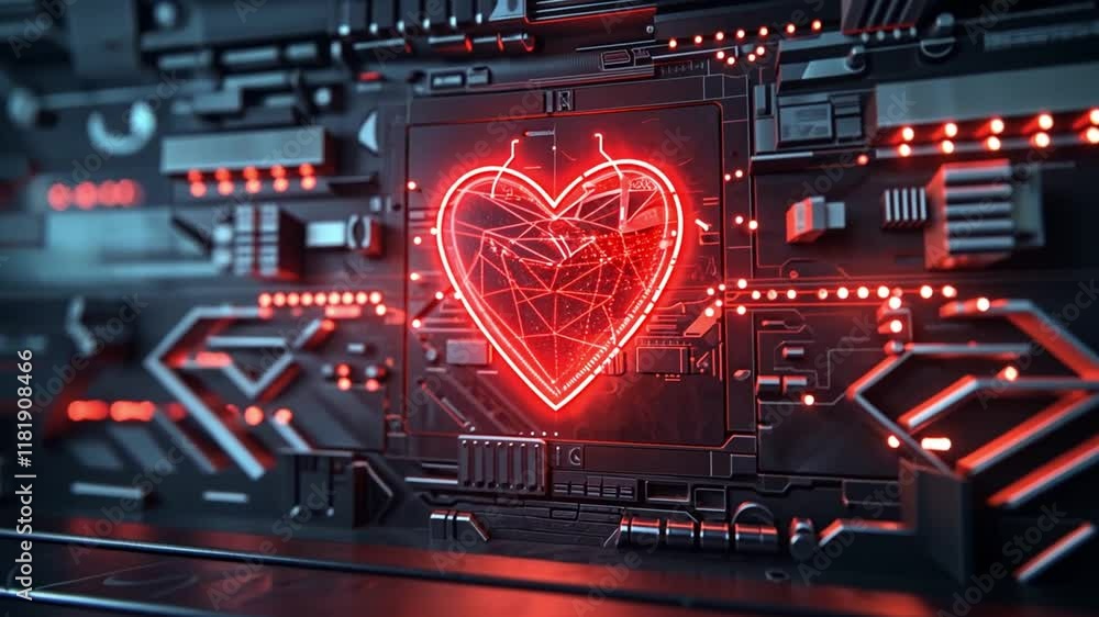 Poster A glowing heart design appears in red neon lights, surrounded by circuit board patterns. The background highlights technological elements in a dark setting, creating a futuristic atmosphere.