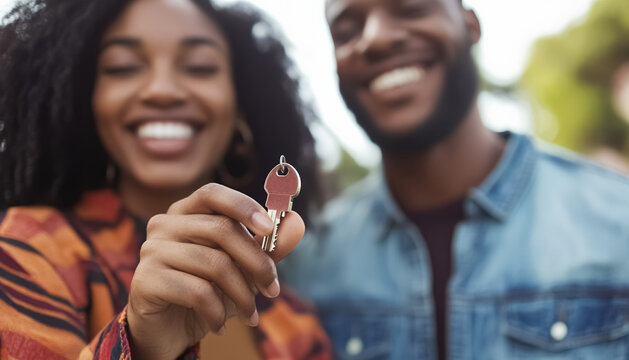 happy couple holding keys from new home or apartment, moving to house concept, mortgage and loan