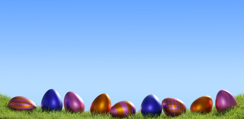 Colorful Easter eggs in a row on a grass background, Easter concept, 3d rendering
