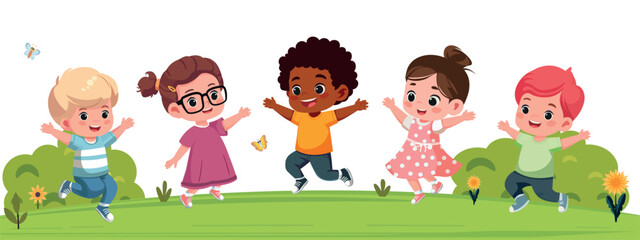 little kids play together with friends outoors  and feel happy