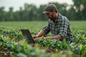 A farmer uses a laptop in a lush green field, blending technology with agriculture to manage crops effectively.