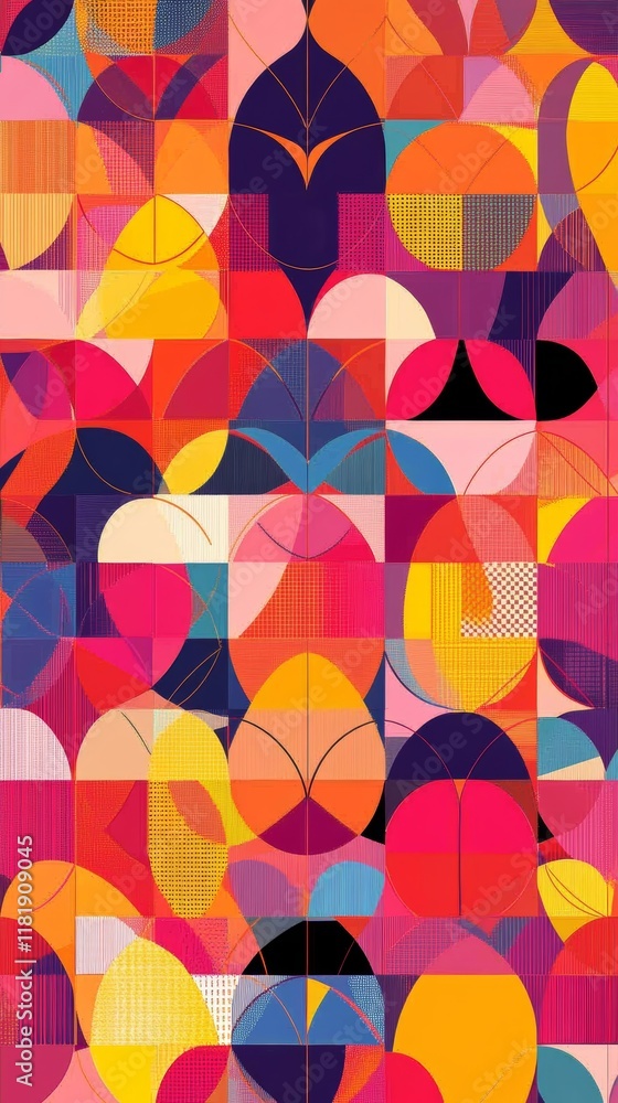 Poster vibrant geometric pattern featuring abstract easter egg shapes with repeating triangles and circles 