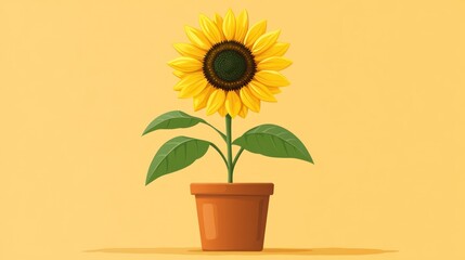 Obraz premium Single potted sunflower on yellow background.