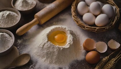 Baking Ingredients Flour, Eggs, and a Rolling Pin 