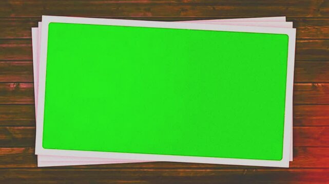 panoramic intro design set of multiple paper canvas template turning pages photo album gallery wooden table 3d render motion graphics social media introduction blank empty page animated green screen