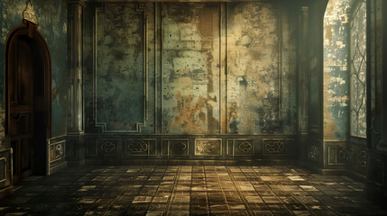 Obraz premium Vintage Abandoned Room Interior with Rustic Walls and Arched Windows, Atmospheric Photograph