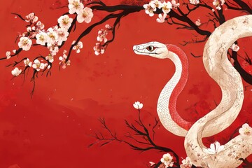 Obraz premium vector wallpaper background, Spring Festival theme, cartoon, cartoon snake, with red as the main color, light color, Spring Festival, Lunar New Year