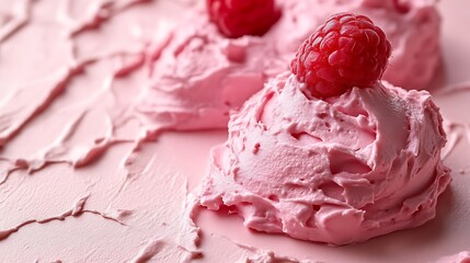 Two scoops of raspberry ice cream with fresh raspberries on top.