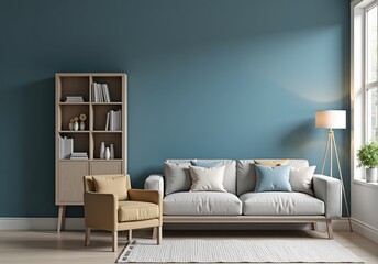 Beige armchair near sofa. Book shelf and floor lamp against blue wall. Scandinavian home interior design of modern living room 