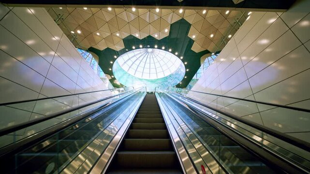 Escalators inside the subway station. Eroilor metro station in Bucharest. Dome inside the subway station.