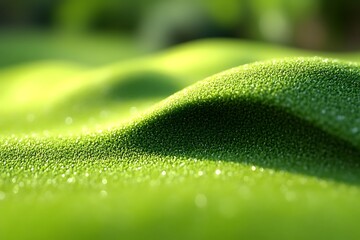 Lush green textured surface with gentle undulations and dew drops.