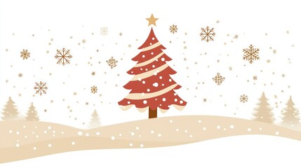 Red Christmas tree on snowy landscape.