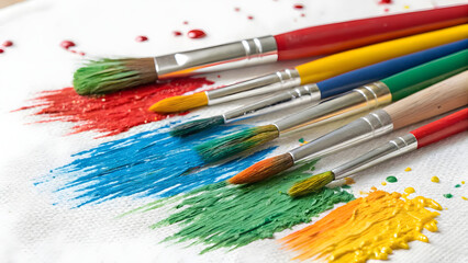 Obraz premium A vibrant collection of paint brushes, each with a different color handle, arranged artistically on a white canvas
