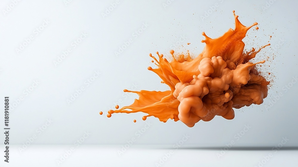 Poster energetic suspended orange liquid shapes formingdynamic high speed fluid motion and splashes creatin