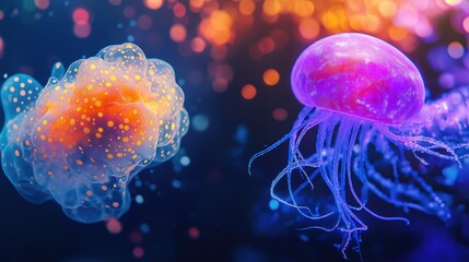 Fototapeta premium Vibrant Bioluminescent Jellyfish in Ocean Scene
