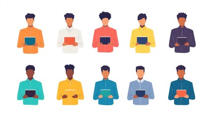 Ten diverse men holding tablets, various shirt colors.