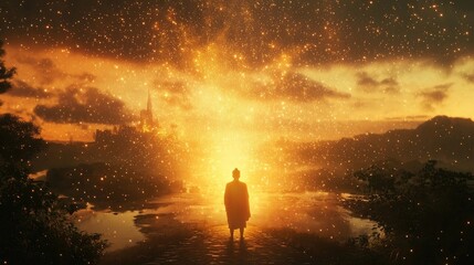 Fototapeta premium Golden Buddha statue sitting on a hilltop with glowing cosmic light and starlit skies. Peaceful spiritual energy and celestial harmony. Generative by AI