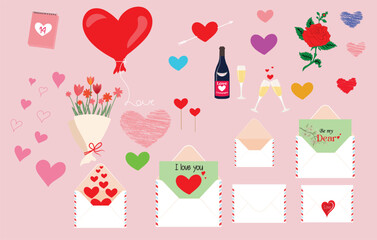 Valentines day , 14 February, element set vector illustration.