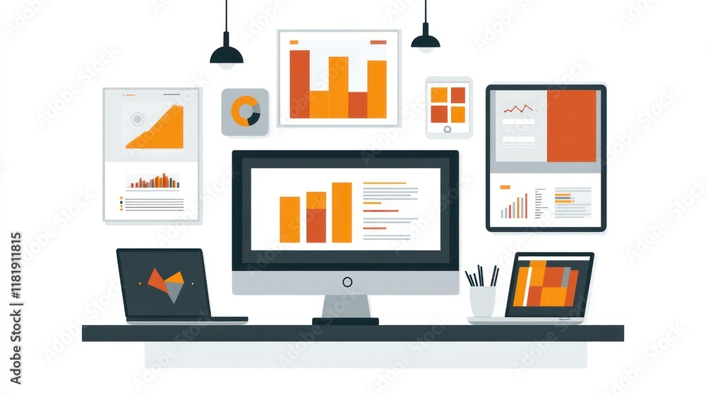 Poster data analysis workspace with charts & graphs on computer, laptop & tablet.
