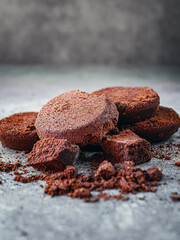 Close-up of coffee grounds from espresso machine. coffee ground on gray background