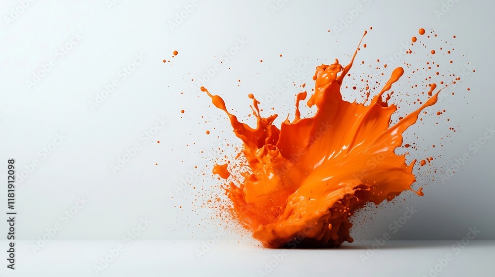 Poster dramatic and powerful orange fluid eruption captured on a blank white surface highlighting bold colo