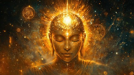 Golden Buddha statue with radiant golden aura and glowing patterns surrounding the head. Spirituality, meditation, and enlightenment themes. Generative by AI.