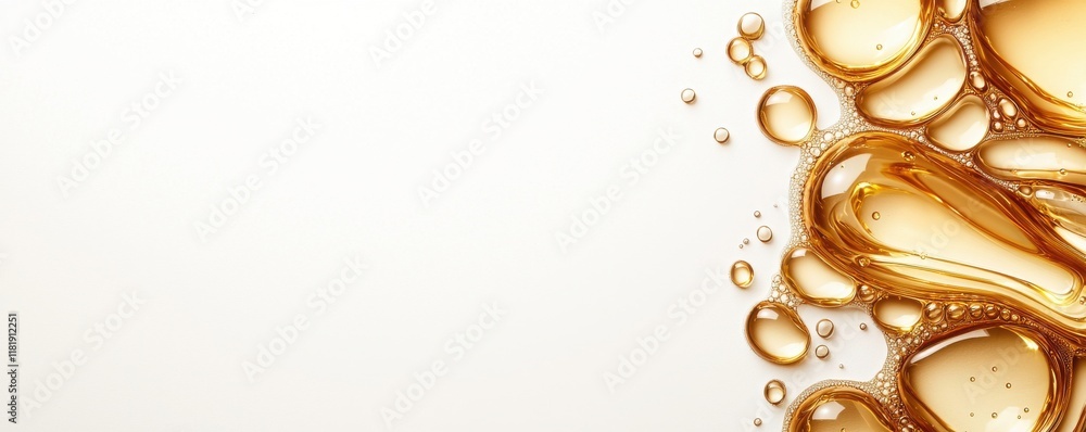 Poster a close-up of golden bubbles floating against a light background, creating a smooth, glossy texture 
