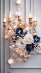 A stunning chandelier hangs above a beautiful floral wall adorned with blue and white flowers, perfect for a spring wedding ceremony