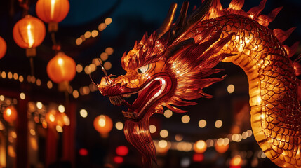 Obraz premium Dragon in chinese lantern festival, chinese dragon lanterns at night.