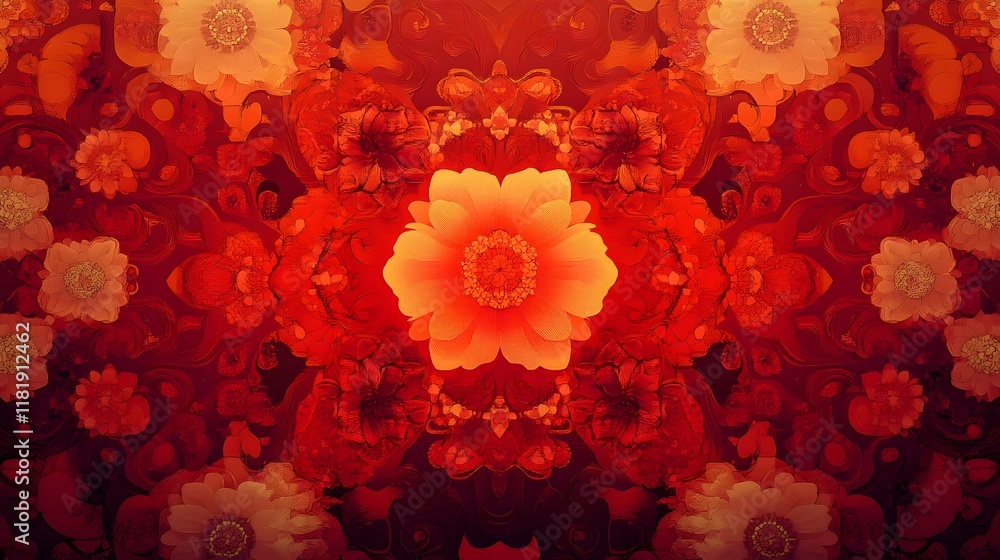 Poster vibrant red floral pattern with gradient and intricate decorative design elements creating a modern 