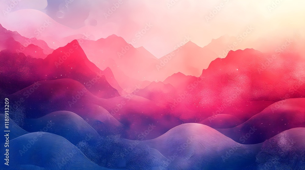 Poster breathtaking digital of a serene dreamlike mountainscape with vibrant gradient hues and delicate orn