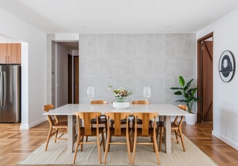 Fototapeta premium interior of modern dining room, dining table and wooden chairs in room with concrete wall. Home design