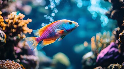 Fototapeta premium In the warm embrace of tropical waters, a lively parrotfish delicately nibbles on coral, showcasing its brilliant colors amidst the vibrant underwater landscape